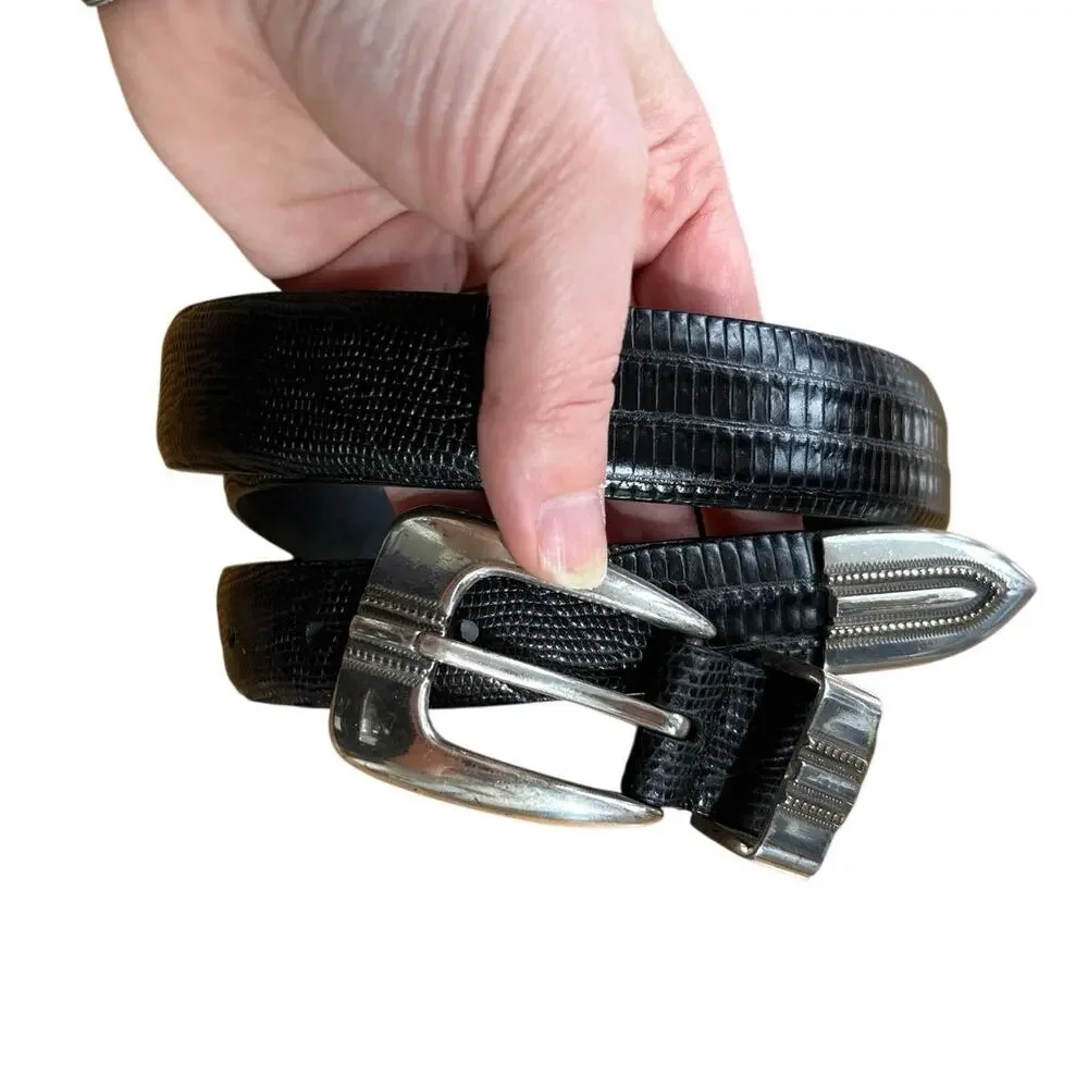 Black Embossed Alligator Genuine Leather Silver Metal Tone Western Belt 44